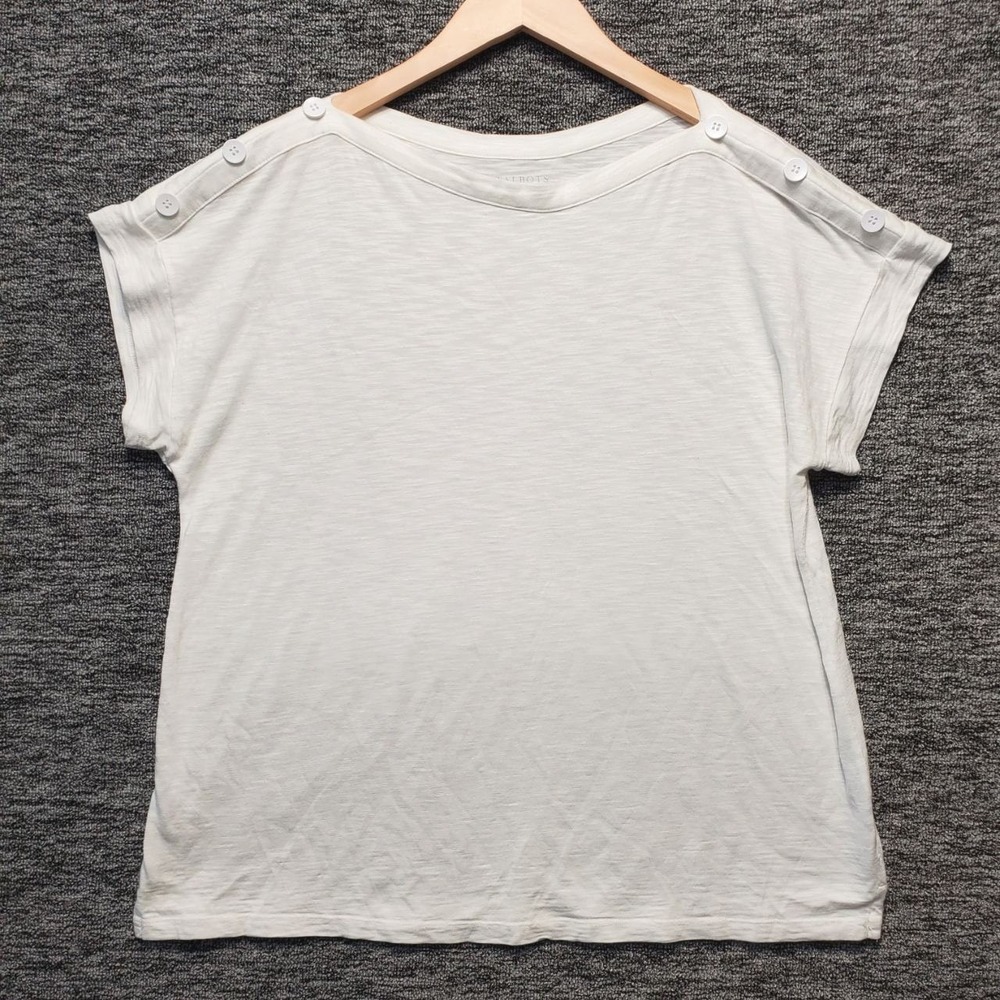 Talbots Top Womens XL White Button Shoulder Slub Knit Boatneck Casual Basic Tee